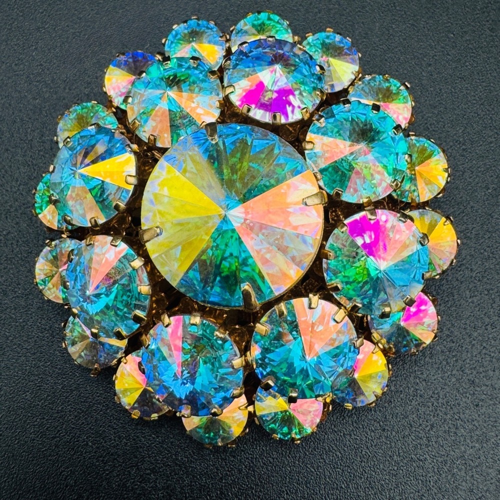 Heliotrope Watermelon Rivoli Brooch Vintage AB‎ Crystal Pin Gold Tone 2 in 39g